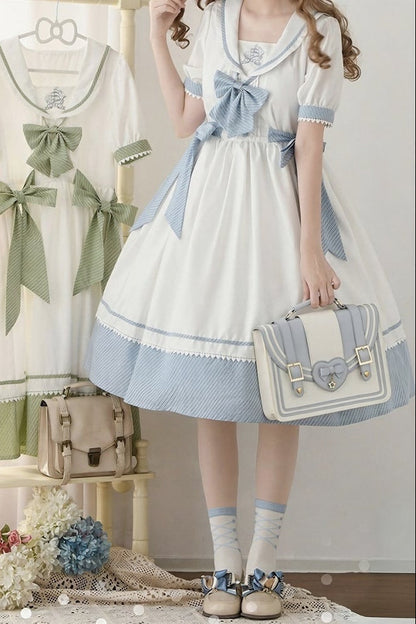 [Reservierungsschluss 28. Juni] 5 Farben/Sailor-Lolita-Streifenkleid mit Schleife und Puffärmeln