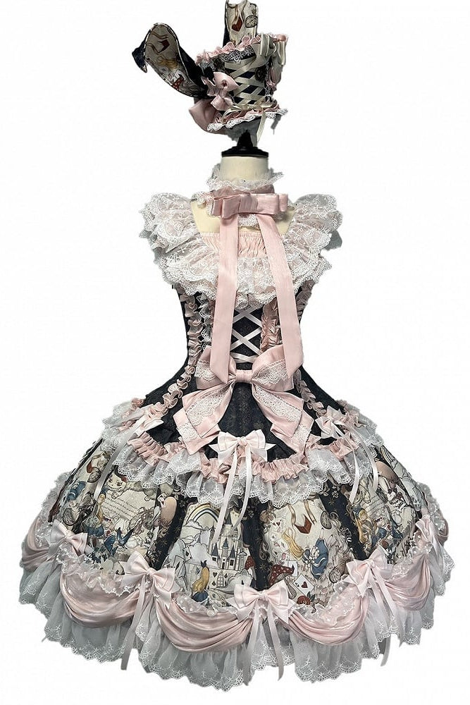 [Pre-order Deadline: September 28] Navy/Off-White Alice Classical Lolita Print Playing Card Frill Ribbon Dress + KC Set + Bunny Ear Hat Set
