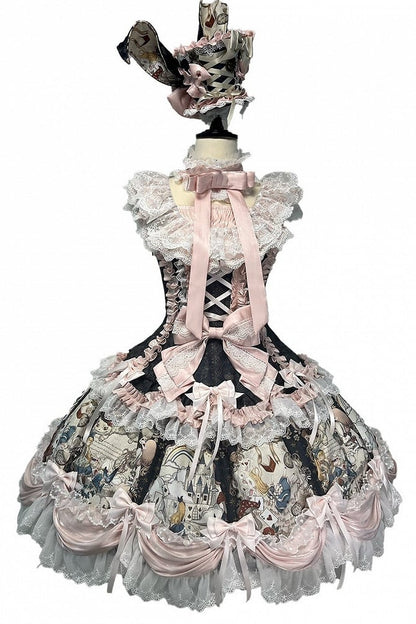 [Pre-order Deadline: September 28] Navy/Off-White Alice Classical Lolita Print Playing Card Frill Ribbon Dress + KC Set + Bunny Ear Hat Set