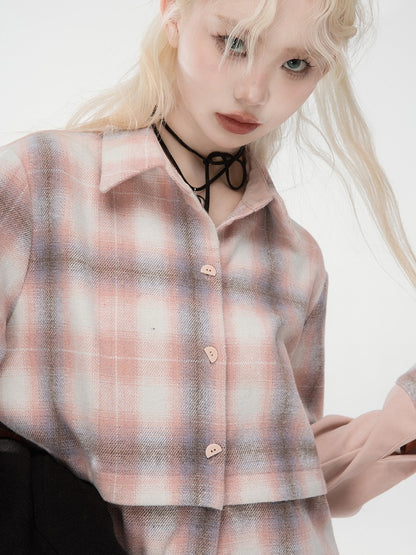 Cream Pink Check American Retro Loose Splicing Shirt