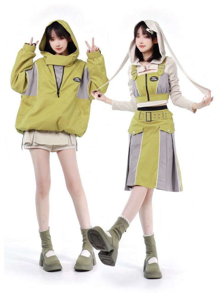 Lime Green American Workwear Jacket + Rabbit Top + Culottes + Short Vest + Middleskirt