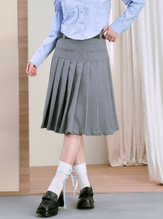 Double Waistband Medium Pleated Skirt