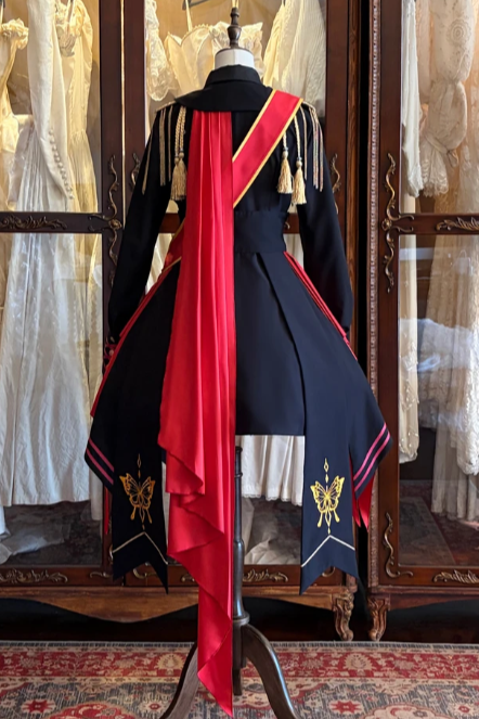 [Pre-order] Black and Red Military Gothic Lolita Asymmetrical Dress + Top + Sash + Brooch Set