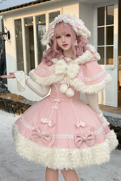 【11月7日予約締切】Yellow/Pink Sweet Lolita Lace Ribbon Fluffy Hem JSK Dress + Ruffle Neck Ribbed Bell Sleeve Top
