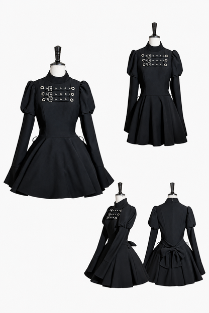 [Scadenza prenotazioni 6 novembre] Abito da bambola steampunk marrone x gothic mode nero con fibbia, collo alto e maniche lunghe a sbuffo