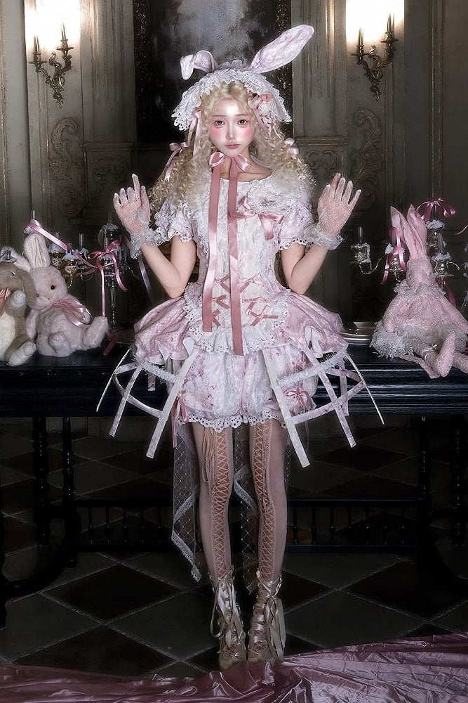 [Date limite de précommande : 6 octobre] Pink Castle Bunny ensemble poupée romantique avec haut corset à manches bouffantes en dentelle + short + surjupe à volants + surjupe cage à oiseaux Set 1/2/3