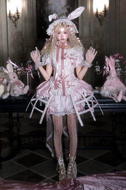 [Date limite de précommande : 6 octobre] Pink Castle Bunny ensemble poupée romantique avec haut corset à manches bouffantes en dentelle + short + surjupe à volants + surjupe cage à oiseaux Set 1/2/3