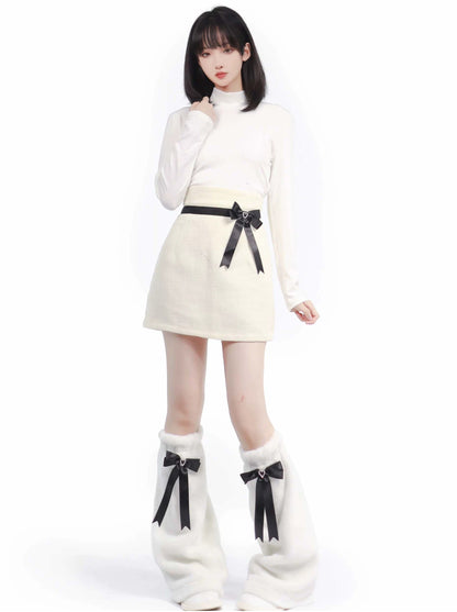 Pure White Snow Fur Jacket Top Skirt Leg Warmer Set