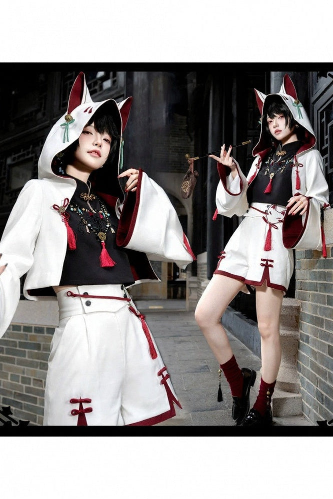[Reservation Deadline: November 1] White Fox Chinese Fantasy-Style Fox-Ear Hooded Jacket + Black Mandarin-Collar Sleeveless Crop Top + White & Red Fox Shorts