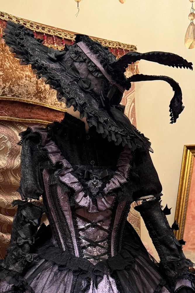 【10月30日予約締切】Purple And Black Gothic Lolita Dress Complete Set [Bunny Ear Hat Version/Witch Hat Version] (Witch Print Bustier Dress + Black Short-Sleeved Blouse + Bat Wing Back Train + Detachable Princess Sleeves)