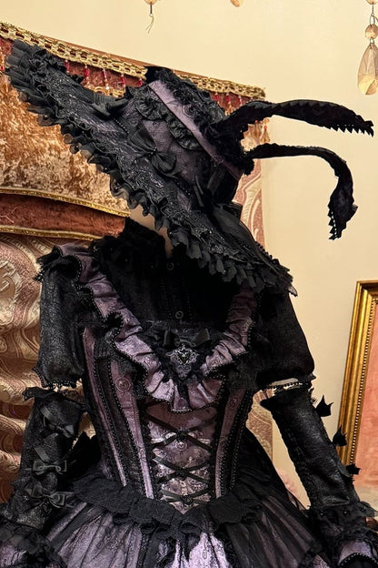 【10月30日予約締切】Purple And Black Gothic Lolita Dress Complete Set [Bunny Ear Hat Version/Witch Hat Version] (Witch Print Bustier Dress + Black Short-Sleeved Blouse + Bat Wing Back Train + Detachable Princess Sleeves)