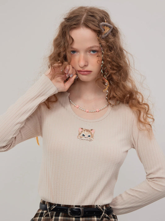 American Retro Open Neck Slim Cat Design Top