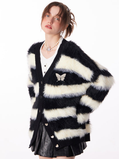 Butterfly Striped Fur Knit Cardigan