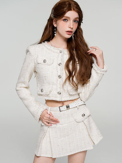 White Fragrance Celebrity Tweed Short Jacket + Skirt