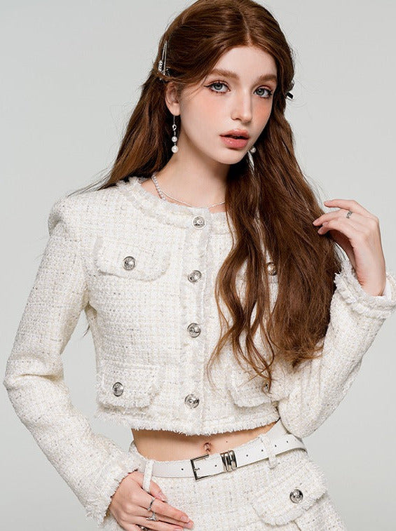 White Fragrance Celebrity Tweed Short Jacket + Skirt