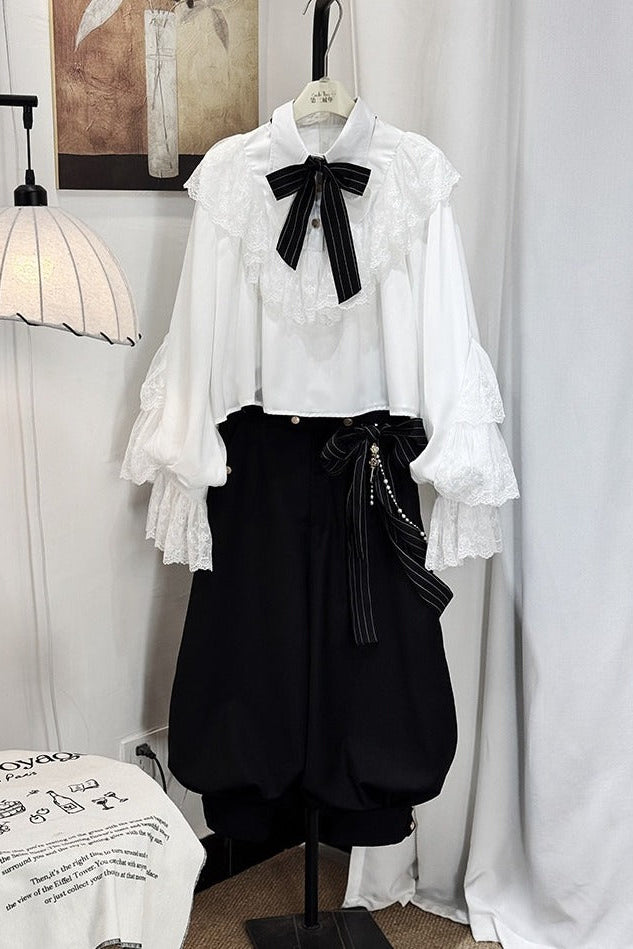 [Pre-order Deadline: September 28] Prince Lolita White Lace Ruffle Shirt + Long Balloon Pants (with Black Stripe Bow Tie + Waist Ribbon Accessory)