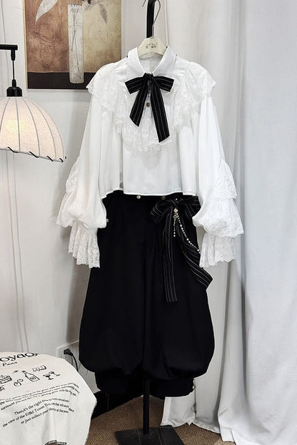 [Pre-order Deadline: September 28] Prince Lolita White Lace Ruffle Shirt + Long Balloon Pants (with Black Stripe Bow Tie + Waist Ribbon Accessory)