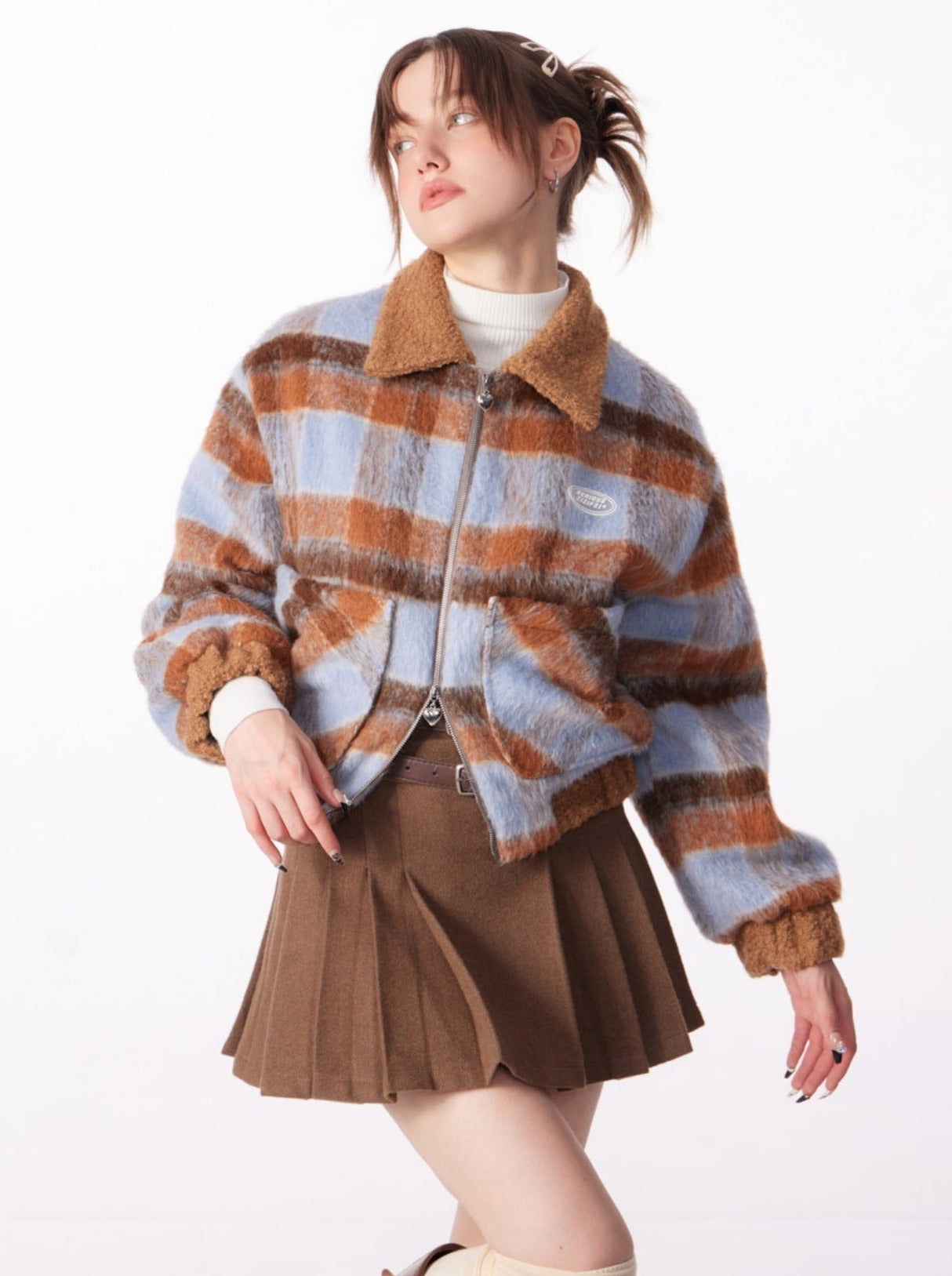 Check Blue Brown Short Jacket