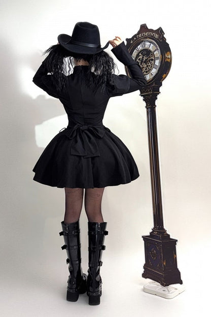 [Scadenza prenotazioni 6 novembre] Abito da bambola steampunk marrone x gothic mode nero con fibbia, collo alto e maniche lunghe a sbuffo