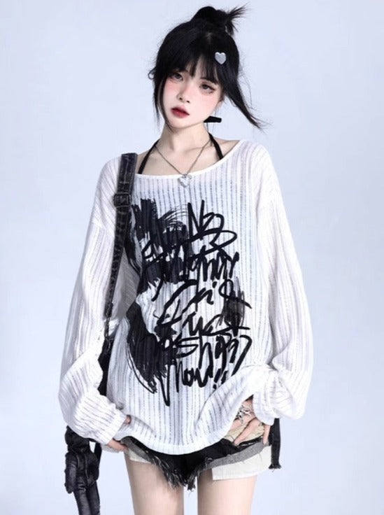 ホワイトラウンドネックロックロゴトップス