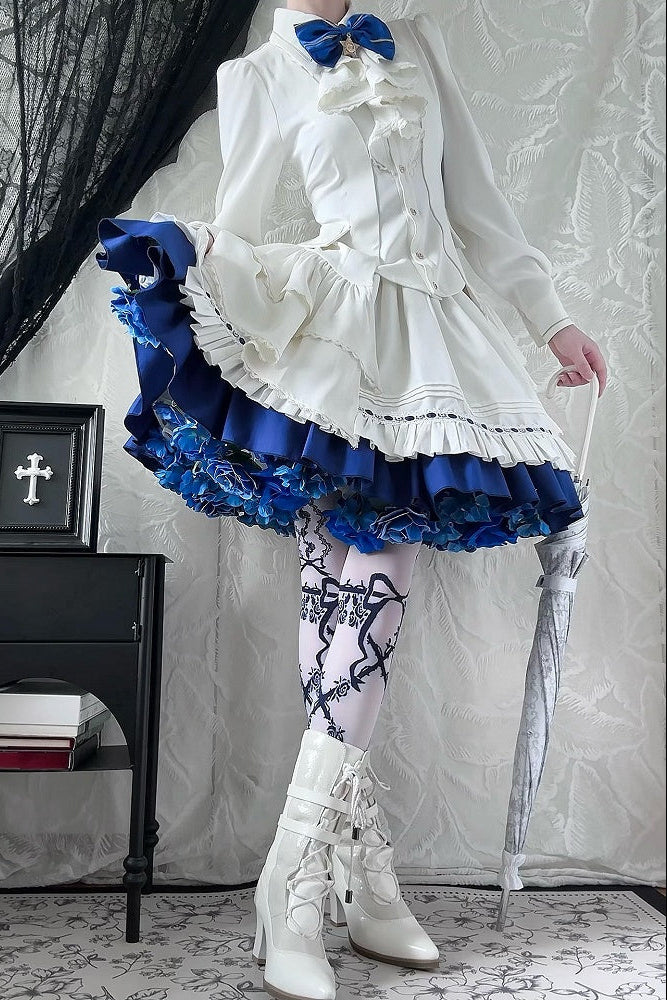 【9月13日予約締切】Blue White Military Ruffle Lolita Jacket (with epaulet bow) + Shirt + Short Skirt Set / Shorts Set + Complete set 1/2 (Officer cap + Leg covers + Sash)