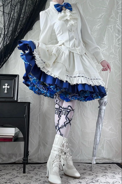 【9月13日予約締切】Blue White Military Ruffle Lolita Jacket (with epaulet bow) + Shirt + Short Skirt Set / Shorts Set + Complete set 1/2 (Officer cap + Leg covers + Sash)