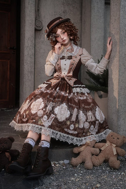 [Reservation Deadline: November 6] Navy Blue/Brown Classic Italian Travel Diary Lolita Vintage Print Bow Bustier JSK Dress with Metal Buttons & Lace Detail