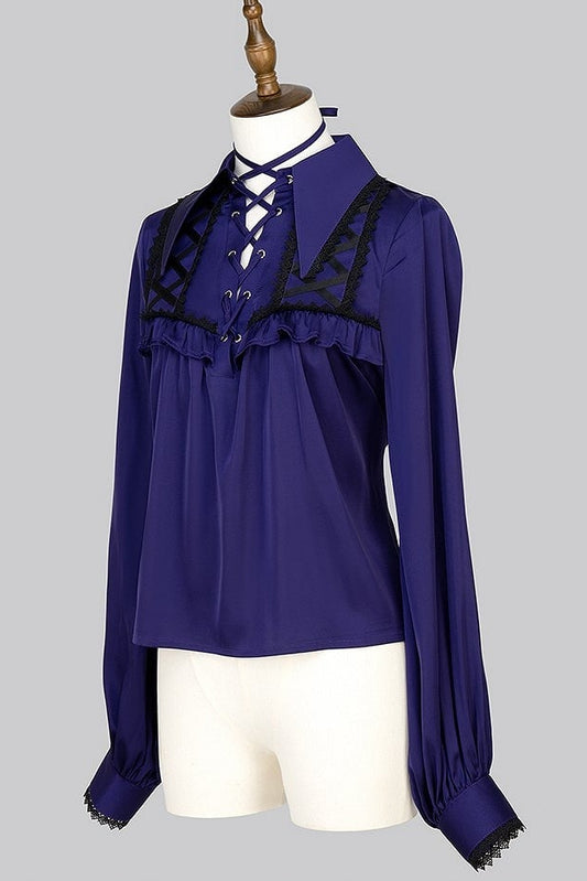 【12月29日予約締切】ゴシックロリータポインテッドカラーアンドレースアップリボンフリルシャツ