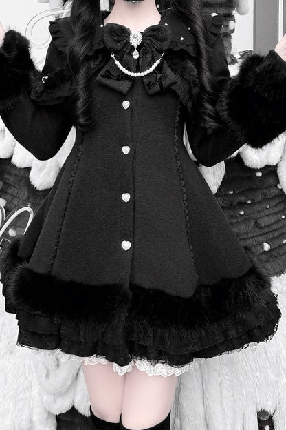 【11月13日予約締切】Black Pearl Bow-Tie Fur Coat With Detachable Cape And Fur Cuffs