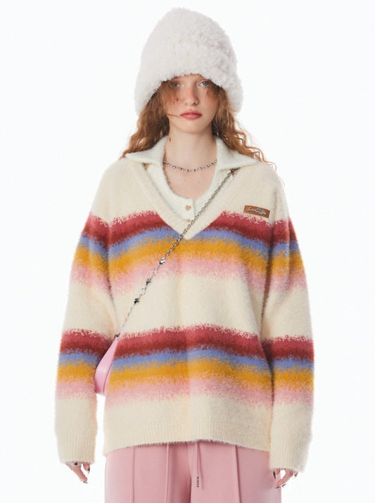 American Retro Color Stitched Rainbow Gradient Striped V-Neck Sweater