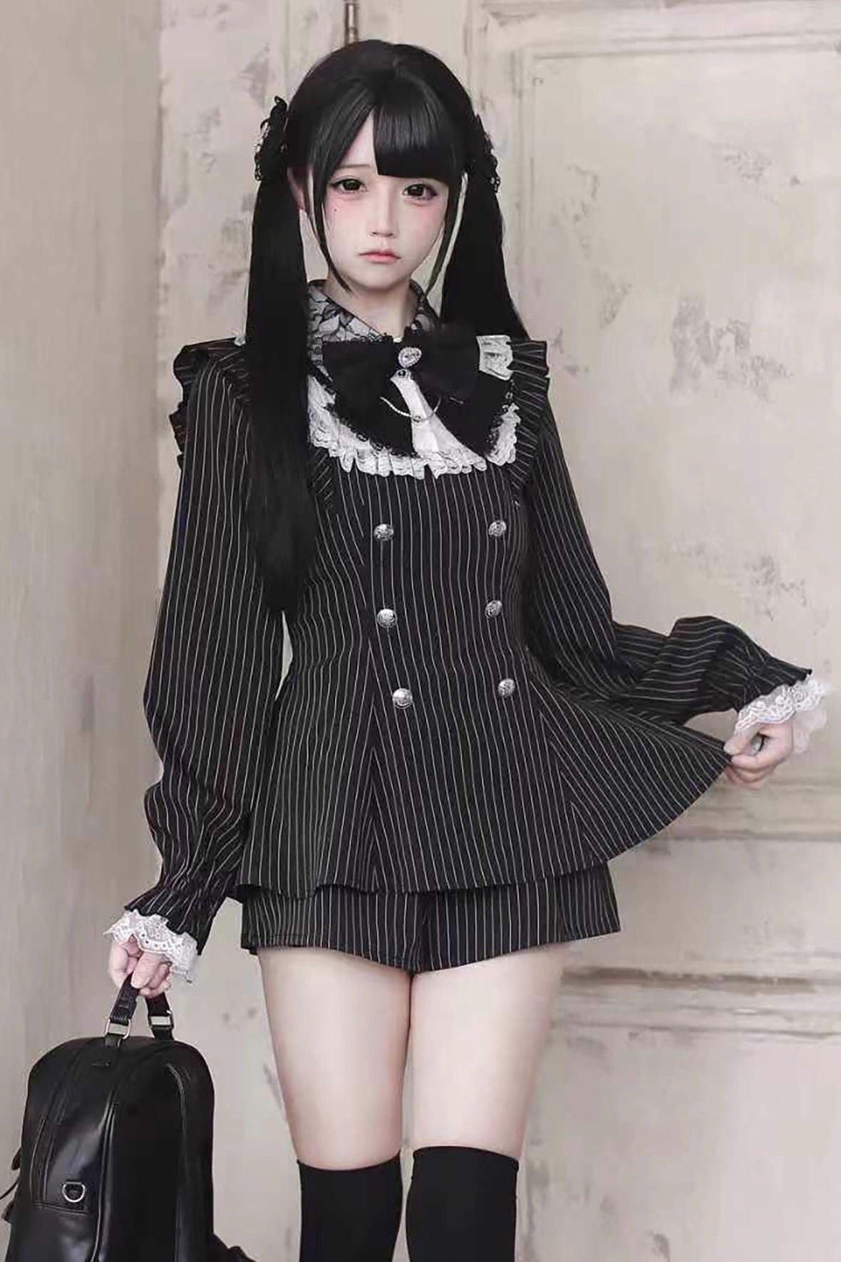 【12月15日予約締切】ダークゴシックレースダブルブレストストライプスーツセット＋ヘアアクセサリー