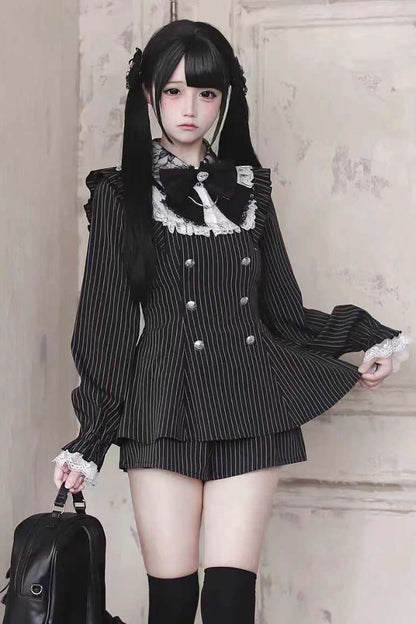 【12月15日予約締切】ダークゴシックレースダブルブレストストライプスーツセット＋ヘアアクセサリー