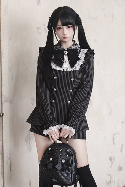 【12月15日予約締切】ダークゴシックレースダブルブレストストライプスーツセット＋ヘアアクセサリー