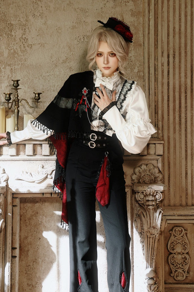 【10月2日予約締切】Gothic Beaded Lace Trim Knight One-Shoulder Cape (With Red Lining) + Jewel Chain Brooch