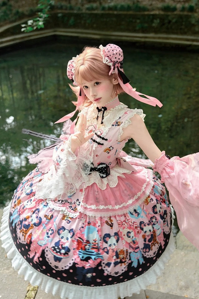 [Pre-order Deadline: October 25] Pink/Green Chinoiserie Lolita Sweet Panda Print Flutter Sleeve Lace Trim Dress + Detachable Flared Sleeves + Leg Covers
