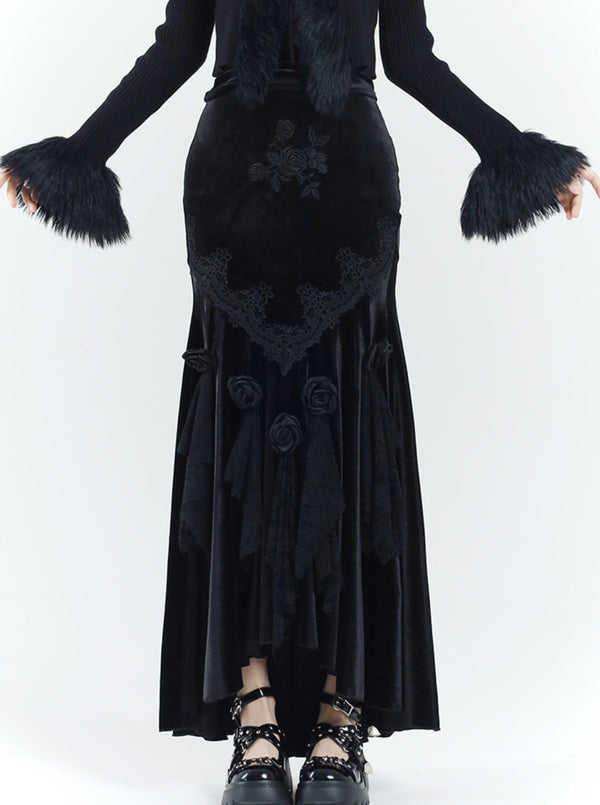 Ghost Girl Black Velvet Fishtail Skirt