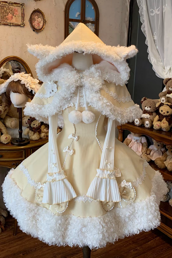 [Pre-order Deadline: November 7] Yellow/Pink Sweet Lolita Lace Ribbon Fluffy Hem JSK Dress + Fur-Trimmed Sheep-Ear Hooded Cape + Ruffle-Neck Ribbed Bell-Sleeve Top Set 1/2 + Full Set