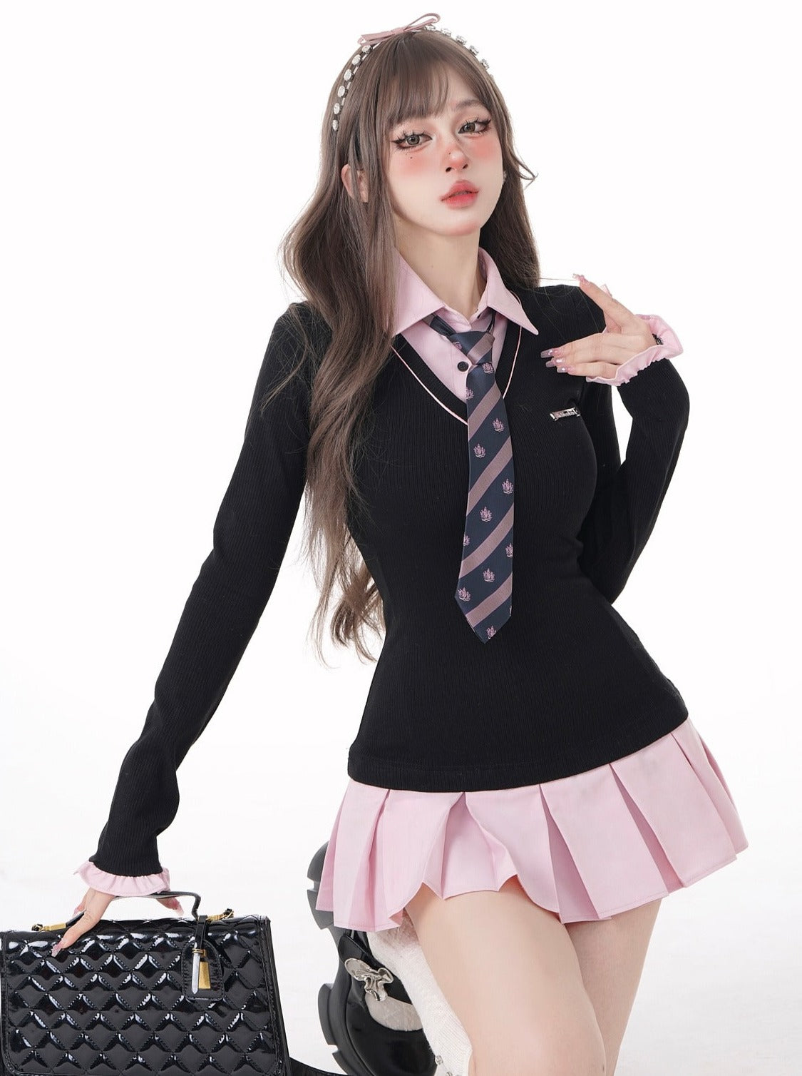 Black-Pink College Style Faux Two-Piece Shirt + Tie [Reserved Item].