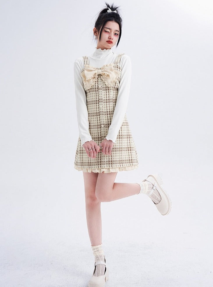 Check French Ribbon Suspender Skirt