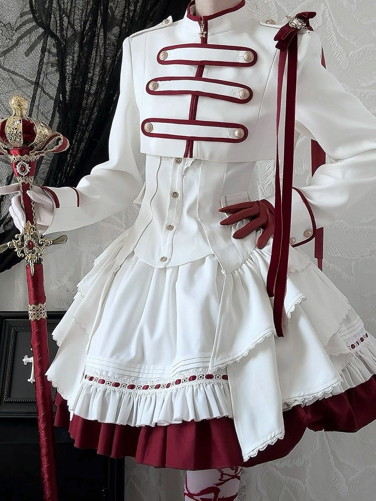 【9月13日予約締切】White Burgundy Military Ruffle Lolita Jacket (with epaulet bow) + Shirt + Short Skirt Set / Shorts Set + Complete set 1/2 (Officer cap + Leg covers + Sash)