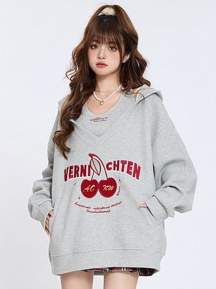 Retro Cherry Embroidery Leaf Hooded Sweatshirt Loose Two Piece