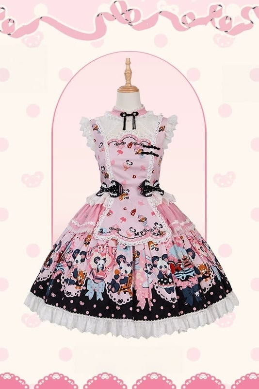 [Pre-order Deadline: October 25] Pink/Green Chinoiserie Lolita Sweet Panda Print Flutter Sleeve Lace Trim Dress + Detachable Flared Sleeves + Leg Covers