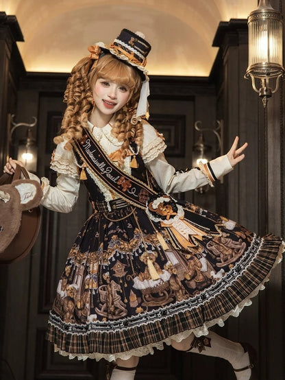 [Reservierungsschluss 8. September] Classic Bear Lolita-Stufenkleid mit weißem Kragen, Karomuster, Spitze und Schleife+Vintage-JSK-Kleid mit Teddybär-Print und Spitze+Vintage-Lolita-Kleid mit Teddybär-Print, Karokragen und klassischem Karomuster