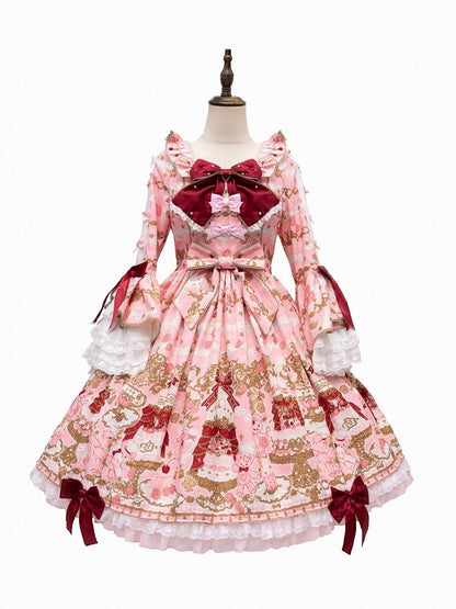 【4月26日予約締切】レトロロマンスイートロリータリボンケーキプリントゴージャス姫袖ドレス