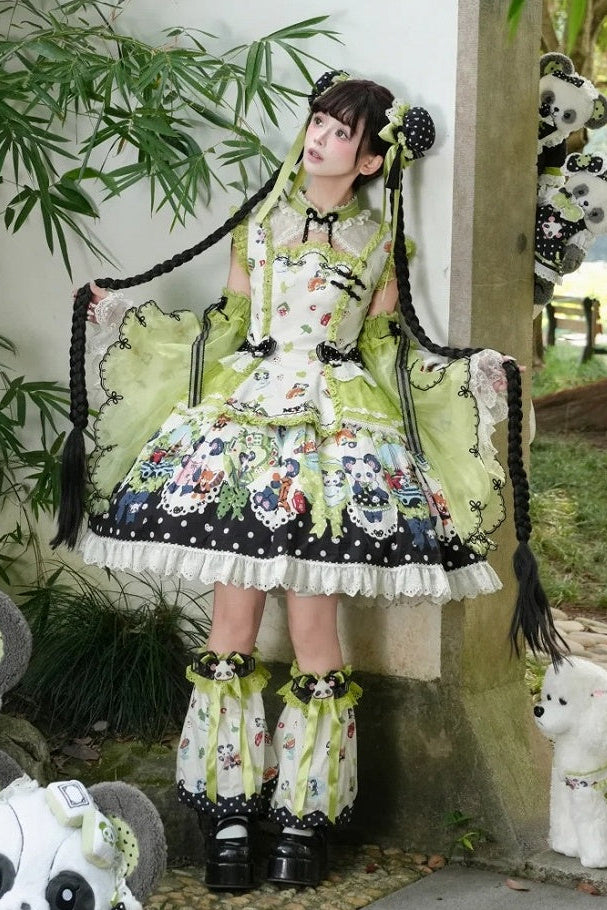 [Pre-order Deadline: October 25] Pink/Green Chinoiserie Lolita Sweet Panda Print Flutter Sleeve Lace Trim Dress + Detachable Flared Sleeves + Leg Covers