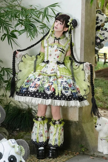 [Pre-order Deadline: October 25] Pink/Green Chinoiserie Lolita Sweet Panda Print Flutter Sleeve Lace Trim Dress + Detachable Flared Sleeves + Leg Covers
