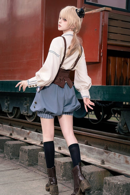 【10月2日予約締切】Vintage Prince Ivory Shirt + Blue Stripe Shorts + Brown Suspender Corset + Waist Belt + Full Set