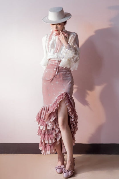 [Reservierungsschluss 1. Juni] Dunkelblau/rosa Atlantis Dark-Fantasy-Lolita-Sternenperlen-Bustierkorsett + prächtiger Rüschen-Meerjungfrauenrock