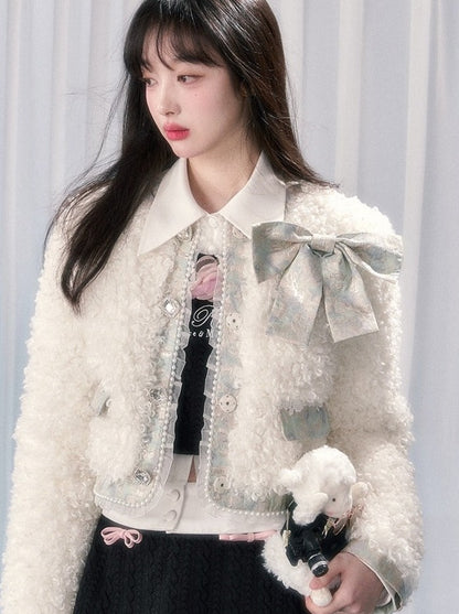 Lamb Fur Wool Retro Flower Design Jacket