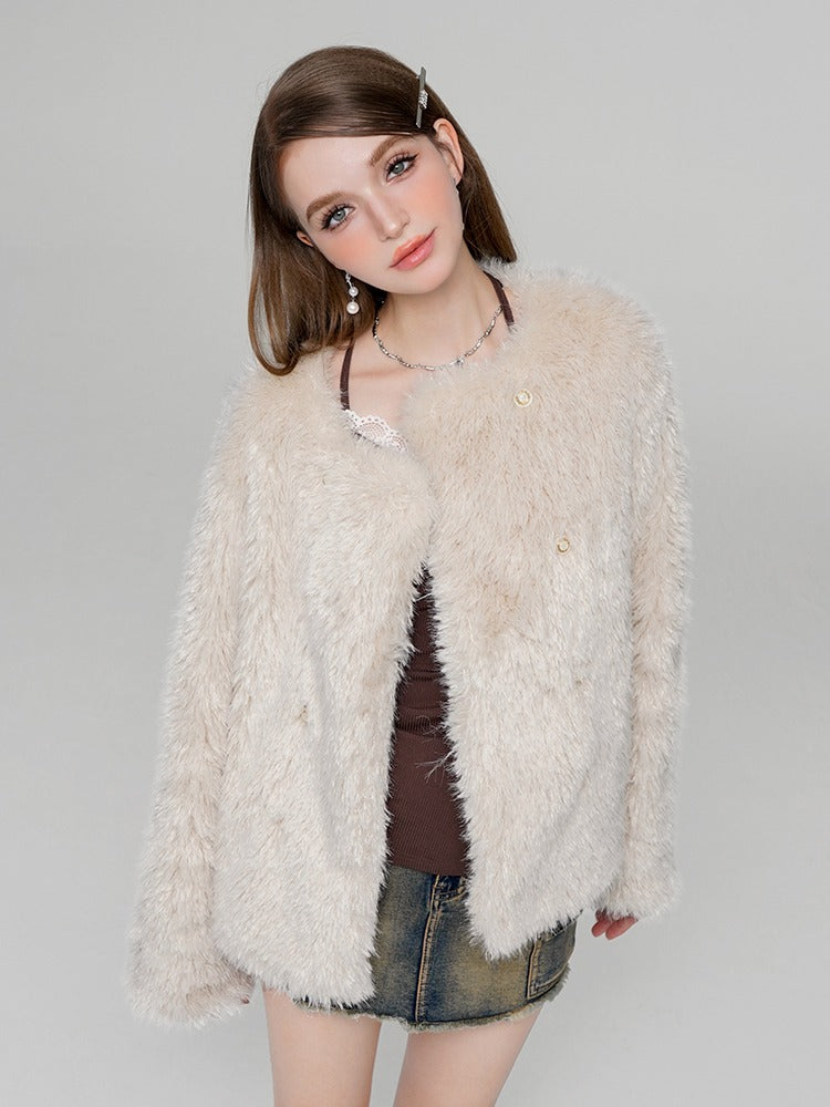 High-end collarless fur jacket